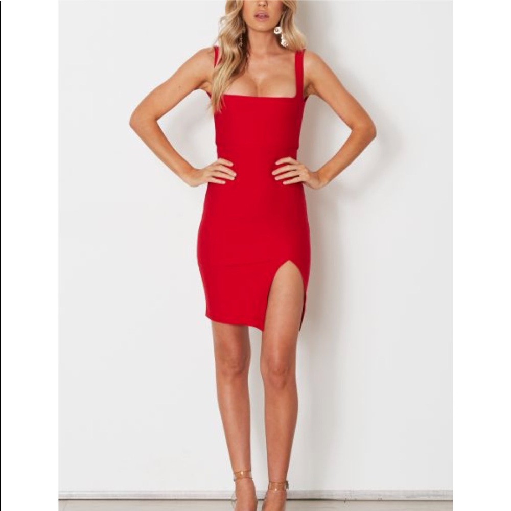 Red bodycon square neck dress
